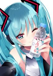 Rule 34 | 1girl, absurdres, blue eyes, blue hair, blush, bottle, collared shirt, detached sleeves, drink, evian, hair ornament, hair over shoulder, hatsune miku, headphones, highres, holding, holding bottle, holding drink, koyubisennti, long hair, long sleeves, looking at viewer, nail polish, necktie, object to cheek, one eye closed, power symbol-shaped pupils, shirt, sleeveless, sleeveless shirt, smile, solo, symbol-shaped pupils, twintails, vocaloid, water bottle, wide sleeves