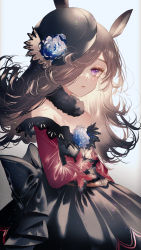 Rule 34 | 1girl, animal ears, arm at side, asymmetrical hair, black dress, black hat, blue flower, blue rose, bow, brown hair, commentary request, cowboy shot, dress, dress bow, flower, from side, hair over one eye, hand on own chest, hat, hat flower, highres, horse ears, light, light particles, long sleeves, looking away, majamari, off-shoulder dress, off shoulder, own hands together, parted lips, purple eyes, red sleeves, rice shower (umamusume), rose, shadow, simple background, solo, umamusume, white background