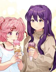 Rule 34 | 2girls, blush, bra strap, brown sweater, chiimako, closed mouth, collarbone, commentary request, doki doki literature club, double scoop, eyelashes, food, hair between eyes, hair intakes, hair ornament, hair ribbon, hairclip, hand up, hands up, holding, holding food, holding ice cream, ice cream, ice cream cone, long hair, long sleeves, multiple girls, natsuki (doki doki literature club), pink eyes, pink hair, purple eyes, purple hair, red ribbon, ribbed sweater, ribbon, shirt, short hair, short sleeves, sidelocks, simple background, smile, sweater, swept bangs, t-shirt, tongue, tongue out, triple wielding, turtleneck, turtleneck sweater, two side up, upper body, white background, white shirt, x hair ornament, yellow background, yuri (doki doki literature club)