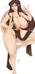 Rule 34 | 1girl, alternate costume, alternate hairstyle, areola slip, bare legs, bracelet, breasts, brown eyes, brown hair, capcom, chinese clothes, chun-li, curvy, female focus, full body, heart, highres, huge breasts, jewelry, large areolae, lips, long hair, parted lips, solo, spiked bracelet, spikes, spookiebuni, street fighter, sweat, thick lips, thick thighs, thighs, wide hips