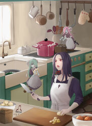 Rule 34 | 1other, 2girls, absurdres, apron, black hair, casual, colored skin, cooking, demon girl, demon horns, green hair, guilty gear, guilty gear strive, highres, horns, kitchen, kitchen knife, long hair, maid apron, mgxcr, multiple girls, pink hair, red eyes, succubus familiar, testament (guilty gear)