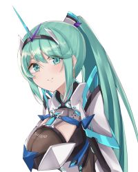 Rule 34 | 1girl, breasts, chest jewel, earrings, green eyes, green hair, highres, jewelry, large breasts, long hair, pneuma (xenoblade), ponytail, sarasadou dan, simple background, smile, solo, spoilers, swept bangs, tiara, upper body, white background, xenoblade chronicles (series), xenoblade chronicles 2