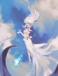 Rule 34 | 1girl, belt, bird, black eyes, cloud, cloudy sky, crown, day, elbow gloves, gloves, hair lift, highres, itssoikamadudes, janna (league of legends), league of legends, long hair, pointy ears, shoulder pads, skirt, sky, smile, solo, staff, white hair