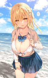 Rule 34 | 1girl, :d, beach, blonde hair, blue bow, blue bowtie, blue skirt, blush, bow, bowtie, bra, bra peek, breasts, cleavage, collarbone, cowboy shot, day, dot nose, dress shirt, hair between eyes, hand up, heart, highres, large breasts, long hair, long sleeves, looking at viewer, ocean, open clothes, open mouth, open shirt, original, outdoors, partially unbuttoned, pleated skirt, school uniform, shirt, shirt tucked in, sidelocks, skirt, smile, solo, speech bubble, spoken heart, standing, sune (mugendai), underwear, water, wet, white bra, yellow eyes