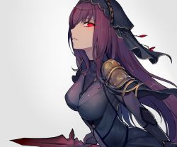 Rule 34 | 1girl, armor, bodysuit, breasts, brown hair, commentary request, fate/grand order, fate (series), from side, headdress, holding, holding weapon, large breasts, long hair, looking at viewer, parted bangs, parted lips, polearm, purple bodysuit, red eyes, scathach (fate), shoulder armor, sketch, slit pupils, solo, spear, walzrj, weapon, white background