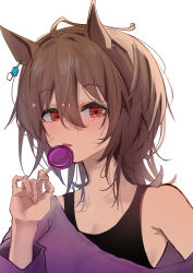 Rule 34 | 1girl, absurdres, agnes tachyon (umamusume), ahoge, animal ears, bare shoulders, black tank top, blush, brown hair, candy, commentary request, earrings, food, hair between eyes, highres, holding, holding candy, holding food, holding lollipop, horse ears, horse girl, jewelry, lollipop, messy hair, official alternate costume, parted lips, purple sweater, red eyes, sei (bigaa), short hair, simple background, single earring, smile, solo, sweater, tank top, umamusume, white background