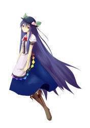 Rule 34 | 1girl, bad id, blue hair, boots, female focus, food, fruit, full body, hinanawi tenshi, leaf, long hair, peach, ppr, red eyes, simple background, solo, touhou, very long hair