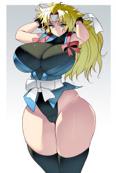 Rule 34 | absurdres, arms up, blonde hair, breasts, headband, highres, huge breasts, japanese clothes, konami, leotard, martial champion, racheal, thick thighs, thighhighs, thighs
