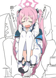 Rule 34 | 1girl, blue archive, blush stickers, closed eyes, crying, fang, hair between eyes, hair ornament, halo, itamochi, koyuki (blue archive), long hair, panties, pink hair, school uniform, sensei (blue archive), sitting, sitting on person, solo focus, thighhighs, translation request, twintails, underwear