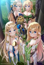 4girls absurdres alternate_costume ass azur_lane bare_shoulders black_gloves blonde_hair blue_eyes blue_gemstone boots breasts brest_(azur_lane) chocolate_chip_cookie cleavage commentary_request cookie cookie_hair_ornament crossover detached_sleeves elbow_gloves elf food food-themed_hair_ornament gem gloves gold_trim hair_ornament helvetica_std highres holding holding_polearm holding_weapon howe_(azur_lane) large_breasts long_hair long_sleeves multiple_girls neptune_(series) pelt pointy_ears polearm sheath sheathed staff sword sword_behind_back vert_(neptunia) very_long_hair weapon white_footwear