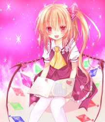 Rule 34 | 1girl, ahoge, ascot, bad id, bad pixiv id, blonde hair, blush stickers, book, botan (artist), fang, female focus, flandre scarlet, flower, hair flower, hair ornament, hair ribbon, looking at viewer, no headwear, no headwear, open mouth, pink background, ribbon, short hair, short sleeves, side ponytail, sitting, skirt, smile, solo, sparkle, teeth, thighhighs, touhou, vest, white thighhighs, wings