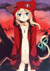 Rule 34 | 1girl, absurdres, animal hood, bandaid, blonde hair, blue eyes, bow, breasts, cat tail, collarbone, cowboy shot, hair ornament, hairclip, hands in pockets, highres, hood, hoodie, jewelry, kyuri, lining, long hair, long sleeves, navel, necklace, no bra, open clothes, open shirt, panties, parted lips, pendant, red sweater, ribbon, shirt, small breasts, solo, striped clothes, striped panties, sweater, tail, torn clothes, underwear, unzipped