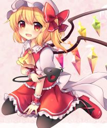 Rule 34 | 1girl, :d, absurdres, ascot, black pantyhose, blonde hair, bow, commentary request, crystal, eyebrows, fang, flandre scarlet, frilled shirt collar, frills, full body, hair bow, hat, highres, holding, laevatein (touhou), looking at viewer, mary janes, mob cap, open mouth, orange eyes, pantyhose, pink background, puffy short sleeves, puffy sleeves, red footwear, red skirt, red vest, ruhika, shadow, shoes, short sleeves, side ponytail, simple background, sitting, skirt, smile, solo, touhou, vest, wariza, white bow, white hat, wings, wrist cuffs, ||/