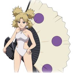 Rule 34 | 1girl, bare legs, bare shoulders, bikini, blonde hair, blue eyes, breasts, hand fan, hand on own hip, holding, holding fan, holding weapon, legs, looking at viewer, naruto (series), naruto shippuuden, official art, one-piece swimsuit, smile, swimsuit, temari (naruto), weapon
