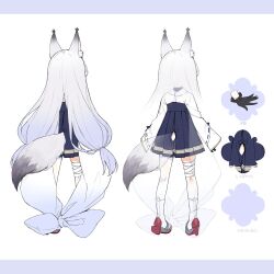 Rule 34 | 1girl, animal ear fluff, animal ears, azur lane, bandaged leg, bandages, black gloves, blue skirt, byulzzi, concept art, fox ears, fox girl, fox tail, from behind, full body, gloves, high-waist skirt, high heels, japanese clothes, kasumi (azur lane), long hair, long sleeves, low twintails, pleated skirt, simple background, single thighhigh, skirt, solo, tail, thighhighs, twintails, white background, white hair, white thighhighs