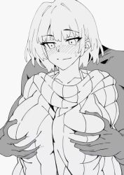 Rule 34 | 1boy, 1girl, akina-chan, animated, blush, breasts, flustered, grabbing, grabbing another&#039;s breast, large breasts, mature female, monochrome, muscular, muscular male, original, short hair, smile, sweat, sweatdrop, sweater, tagme, umezawa itte, video