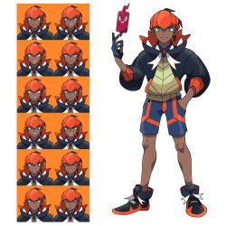 Rule 34 | 1boy, aqua eyes, asatsuki (fgfff), black footwear, black hair, black hoodie, closed mouth, collared shirt, commentary request, creatures (company), dark-skinned male, dark skin, earrings, expression chart, full body, game freak, gen 4 pokemon, gloves, hand in pocket, hand up, highres, hood, hoodie, jewelry, knees, looking at viewer, male focus, nintendo, orange headwear, partially fingerless gloves, pokemon, pokemon (creature), pokemon swsh, raihan (pokemon), rotom, rotom phone, shirt, shoes, short hair, shorts, side slit, side slit shorts, single glove, smile, standing, transparent background, undercut