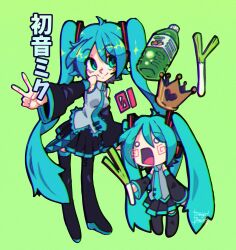 Rule 34 | aqua hair, black footwear, black skirt, boots, bottle, breasts, carrot, character name, commentary, degodraws, dual persona, english commentary, food, green background, hachune miku, hair between eyes, hatsune miku, heart, highres, holding, holding food, holding spring onion, holding vegetable, idol, medium breasts, open mouth, simple background, skirt, smile, spring onion, translation request, v, vegetable, vocaloid