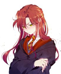 Rule 34 | 1girl, bad id, bad pixiv id, blush, crossed arms, gryffindor, hair between eyes, harry potter (series), lily evans, long hair, looking down, necktie, nipye, pout, red hair, robe, simple background, solo, white background, wizarding world, yellow eyes