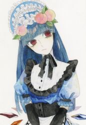 Rule 34 | 1girl, adapted costume, blue hair, blunt bangs, bonnet, collar, corset, crystal, elbow gloves, expressionless, food, frilled collar, frills, fruit, gloves, head tilt, highres, hinanawi tenshi, kz m i, long hair, looking to the side, painting (medium), peach, red eyes, short sleeves, solo, touhou, traditional media, watercolor (medium)