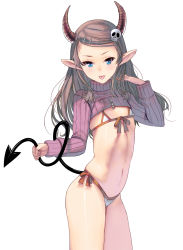 Rule 34 | 1girl, :p, bikini, blue eyes, cowboy shot, demon girl, demon horns, demon tail, facial mark, flat chest, forehead mark, front-tie bikini top, front-tie top, grey hair, hair ornament, hairclip, highres, holding, holding tail, horns, kouno (masao), long hair, long sleeves, looking at viewer, micro bikini, mole, mole under eye, navel, original, pointy ears, red ribbon, ribbon, shrug (clothing), side-tie bikini bottom, simple background, skindentation, skull hair ornament, smile, solo, stomach, swimsuit, tail, tongue, tongue out, turtleneck, v-shaped eyebrows, white background, white bikini, zipper, zipper pull tab