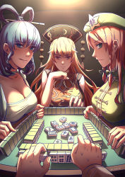 Rule 34 | 1other, 3girls, absurdres, blonde hair, blue eyes, blue hair, braid, breasts, cleavage, country connection, frown, green eyes, hair ornament, hair rings, hair stick, hat, headdress, highres, holding, holding mahjong tile, hong meiling, huge filesize, indoors, junko (touhou), kaku seiga, large breasts, licking lips, long hair, looking at viewer, mahjong, mahjong tile, multiple girls, pov, red eyes, red hair, royl, short hair, sleeveless, sweatdrop, table, tongue, tongue out, touhou, twin braids, upper body