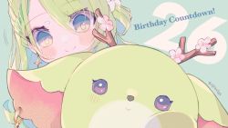 Rule 34 | 1girl, antlers, blush, braid, branch, ceres fauna, cheek on glass, close-up, countdown, earrings, familiar, flower, green hair, hair flower, hair ornament, hair over one eye, highres, hololive, hololive english, horns, jewelry, mayumura, mole, mole under eye, nemu (ceres fauna), smile, virtual youtuber, yellow eyes