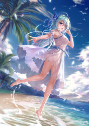 Rule 34 | 1girl, absurdres, bare legs, barefoot, beach, bug, butterfly, butterfly hair ornament, character request, copyright request, day, dress, feet, green eyes, green hair, hair ornament, highres, bug, long hair, ocean, outdoors, palm tree, rj (lingshih10), sand, shore, tree, tropical, water, waves, white dress