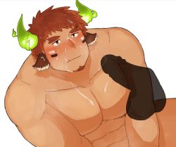 Rule 34 | 2boys, :q, abs, animal ears, bara, blush, brown eyes, brown hair, completely nude, cow boy, cow ears, cow horns, cum, cum on body, cum on male, cum on pectorals, dark-skinned male, dark skin, erection, facial, facial hair, feet out of frame, fiery horns, forked eyebrows, from above, goatee, haishiba ame, highres, horns, invisible penis, large pectorals, licking, licking cum, male focus, multiple boys, muscular, muscular male, nude, pectoral press, pectorals, penis, short hair, solo focus, spiked hair, thick eyebrows, tokyo houkago summoners, tongue, tongue out, wakan tanka, yaoi