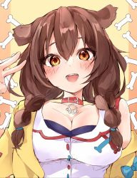 Rule 34 | 1girl, :d, absurdres, animal ears, blue bow, blush, bow, braid, breasts, brown eyes, brown hair, cartoon bone, cleavage, collar, collarbone, dog ears, dress, hair between eyes, hair over shoulder, highres, hololive, inugami korone, inugami korone (1st costume), jacket, long hair, looking at viewer, low twintails, medium breasts, off shoulder, open clothes, open jacket, open mouth, red collar, sleeveless, sleeveless dress, smile, solo, techi (siro-white 0803), twin braids, twintails, v, virtual youtuber, white dress, yellow jacket