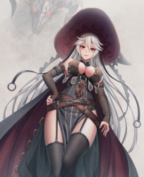 Rule 34 | 1girl, bare shoulders, black thighhighs, blush, breasts, detached sleeves, dragon, dress, garter straps, granblue fantasy, hair between eyes, hat, large breasts, long hair, looking at viewer, magisa (granblue fantasy), parted lips, pelvic curtain, red eyes, shoron, silver hair, smile, solo, thighhighs, very long hair, witch hat