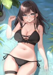 Rule 34 | 1girl, absurdres, afloat, blush, breasts, brown eyes, brown hair, cleavage, glasses, highres, large breasts, long hair, looking at viewer, nagi aoi, navel, open mouth, original, solo, swimsuit, water