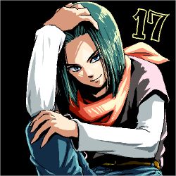 Rule 34 | 1boy, android 17, belt, black background, black hair, black shirt, blue eyes, character name, denim, dragon ball, dragonball z, hand in own hair, hand on own knee, head tilt, jeans, light smile, long sleeves, looking away, lowres, male focus, neckerchief, orange neckerchief, pants, shaded face, shirt, simple background, smile, solo, upper body, zill (lisalisa1983)