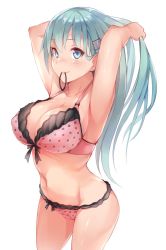 Rule 34 | 1girl, aqua eyes, armpits, arms up, bare shoulders, blush, bra, breasts, cleavage, closed mouth, collarbone, fumikiri, green eyes, green hair, hair ornament, hairclip, highres, hip focus, holding, holding own hair, kantai collection, large breasts, long hair, looking at viewer, mouth hold, navel, panties, pink bra, pink panties, polka dot, polka dot bra, polka dot panties, simple background, smile, solo, suzuya (kancolle), thighs, underwear, white background