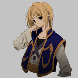 Rule 34 | 16 ban, 1boy, blonde hair, blue vest, bob cut, closed mouth, collarbone, cropped torso, earrings, grey background, hand up, hunter x hunter, jewelry, kurapika, long sleeves, looking at viewer, lowres, male focus, open clothes, open vest, sash, shirt, short hair, simple background, solo, undershirt, vest, white shirt