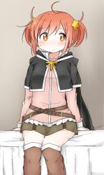 absurdres, ahoge, arm support, bangs, belt, black cloak, blush, boots, brown belt, brown eyes, brown footwear, brown sky, cloak, closed mouth, commentary request, cropped legs, dash b, desk, eyebrows visible through hair, frilled shirt, frills, gradient, gradient background, grey background, hair between eyes, hair ornament, highres, kirara (kirara fantasia), kirara fantasia, knee boots, light brown background, long sleeves, looking to the side, miniskirt, on desk, pink shirt, plaid, plaid skirt, red hair, shiny, shiny hair, shirt, short twintails, sitting, sitting on desk, skirt, star (symbol), star hair ornament, thigh boots, thighhighs, twintails