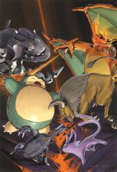 Rule 34 | absurdres, arita mitsuhiro, beetle, bug, charizard, creatures (company), dragon, dragon wings, espeon, face-to-face, fighting, fire, game freak, gen 1 pokemon, gen 2 pokemon, heracross, highres, horns, insect, jumping, looking at another, nintendo, official art, outdoors, pokemon, pokemon (creature), pokemon tcg, snorlax, steelix, tail, tauros, wings