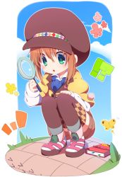 Rule 34 | !?, 1girl, argyle, argyle clothes, argyle legwear, black hat, brown hair, brown thighhighs, bug, butterfly, cabbie hat, full body, green eyes, hat, insect, jacket, leia rolando, magnifying glass, shoes, short hair, shorts, solo, squatting, surprised, tales of (series), tales of xillia, tales of xillia 2, thighhighs, usamata