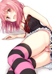Rule 34 | 1girl, absurdres, ass, bare shoulders, black dress, black thighhighs, blush, collarbone, commentary request, covering ass, covering privates, dress, earrings, embarrassed, fallen down, flat chest, frilled dress, frills, hair between eyes, halterneck, highres, jewelry, karua (tsuchikure), key earrings, long hair, looking at viewer, lying, multicolored clothes, multicolored legwear, on floor, on side, open mouth, original, panties, pantyshot, pink hair, pink panties, pink thighhighs, plaid, plaid panties, red eyes, red ribbon, ribbon, shadow, short dress, short hair, simple background, solo, striped clothes, striped panties, striped thighhighs, thighhighs, thighs, tsuchikure, underwear, white background