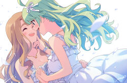 Rule 34 | 2girls, artist name, bare shoulders, blue eyes, blush, breasts, brown hair, cleavage, closed eyes, collarbone, dress, falling petals, green hair, hair ribbon, hairband, hand on another&#039;s cheek, hand on another&#039;s face, hand on another&#039;s waist, highres, holding hands, idolmaster, idolmaster million live!, idolmaster million live! theater days, ima (lm ew), interlocked fingers, jewelry, lace, lace-trimmed dress, lace trim, large breasts, long hair, miyao miya, multiple girls, necklace, official alternate costume, open mouth, petals, profile, pure onepiece (idolmaster), ribbon, shimabara elena, simple background, smile, teeth, upper body, wavy hair, white background, white dress, white hairband, yuri