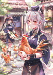 Rule 34 | 2girls, :o, animal, animal ear fluff, animal ears, apron, bird, black apron, blush, brown eyes, brown hair, building, chick, chicken, closed mouth, commentary request, cucumber, daikon, day, english text, food, grey headwear, grey kimono, hands up, headwear request, highres, holding, holding animal, japanese clothes, kimono, long hair, looking at viewer, low ponytail, multiple girls, noren, open mouth, original, outdoors, plant, radish, red eyes, rock, sandals, sleeves rolled up, smile, suzaku (zaku6584), tasuki, tomato, translation request, tsurime, twintails, vegetable, very long hair, waist apron, zouri
