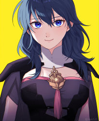 Rule 34 | 1girl, armor, armored dress, black cape, black dress, blue eyes, blue hair, breasts, byleth (female) (fire emblem), byleth (fire emblem), cape, closed mouth, commentary, dress, eyelashes, fire emblem, fire emblem: three houses, highres, long hair, looking at viewer, medium breasts, nintendo, peach11 01, simple background, smile, solo, tassel, twitter username, upper body, yellow background