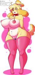Rule 34 | 1girl, absurdres, ahoge, animal crossing, animal ears, arms behind back, bdsm, blonde hair, blush stickers, bondage, bound, breasts, brown eyes, collar, curvy, dog ears, dog tail, eikasianspire, eyelashes, furry, highres, huge breasts, isabelle (animal crossing), looking down, navel, nintendo, nipple piercing, nipples, nude, open mouth, piercing, pussy, sex toy, simple background, speech bubble, standing, tail, thick thighs, thighhighs, thighs, topknot, uncensored, vibrator, wide hips