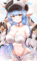 Rule 34 | 1girl, absurdres, animal ears, animal print, bare shoulders, bikini, blue hair, blush, breasts, catura (granblue fantasy), cleavage, cow ears, cow girl, cow hat, cow horns, cow print, detached collar, detached sleeves, draph, ear piercing, granblue fantasy, highres, horns, large breasts, long hair, looking at viewer, min1910, navel, open mouth, piercing, pointing, pointing at self, pointy ears, short shorts, shorts, swimsuit, thighs, white bikini, white shorts, wide sleeves, yellow eyes