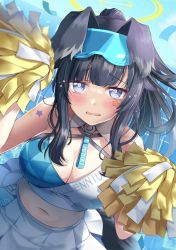 Rule 34 | 1girl, animal ears, bare shoulders, blue archive, blush, breasts, cheerleader, cleavage, dog ears, dog girl, dog tail, eyewear on head, goggles, goggles on head, halo, hibiki (blue archive), hibiki (cheer squad) (blue archive), holding, holding pom poms, izumi akane, large breasts, long hair, looking at viewer, millennium cheerleader outfit (blue archive), navel, open mouth, pom pom (cheerleading), pom poms, solo, sticker on arm, sticker on face, tail