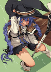 Rule 34 | 1girl, blue eyes, blue hair, blush, boots, braid, fu-ta, grass, hat, highres, holding, holding staff, long hair, mushoku tensei, panties, pantyshot, parted lips, roxy migurdia, solo, staff, standing, twin braids, underwear, very long hair, white panties, wind, wind lift, witch hat