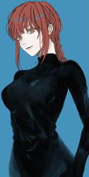 Rule 34 | 1girl, black dress, blue background, braid, braided ponytail, breasts, chainsaw man, dress, highres, large breasts, looking at viewer, makima (chainsaw man), medium hair, namida a2, red hair, ringed eyes, sidelocks, simple background, smile, solo, yellow eyes
