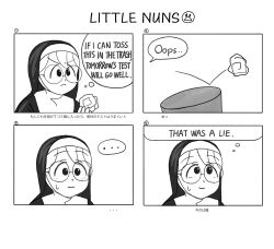 Rule 34 | ..., 1girl, 4koma, bilingual, comic, commentary, crumpled paper, diva (hyxpk), english commentary, english text, failure, glasses, glasses nun (diva), greyscale, habit, highres, little nuns (diva), mixed-language text, monochrome, nun, round eyewear, solo, speech bubble, spoken ellipsis, thought bubble, throwing, traditional nun, trash can