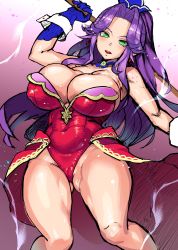 Rule 34 | angela (seiken densetsu 3), breasts, cleavage, cleft of venus, green eyes, highres, huge breasts, pokkora, purple hair, seiken densetsu, seiken densetsu 3, staff, thick thighs, thighs