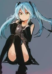 Rule 34 | 1girl, absurdres, aqua hair, bare shoulders, boots, detached sleeves, gradient background, grey background, hatsune miku, heart, heart on chest, highres, kaamin (mariarose753), long hair, over-kneehighs, sitting, solo, thighhighs, twintails, vocaloid, wide sleeves, yellow eyes